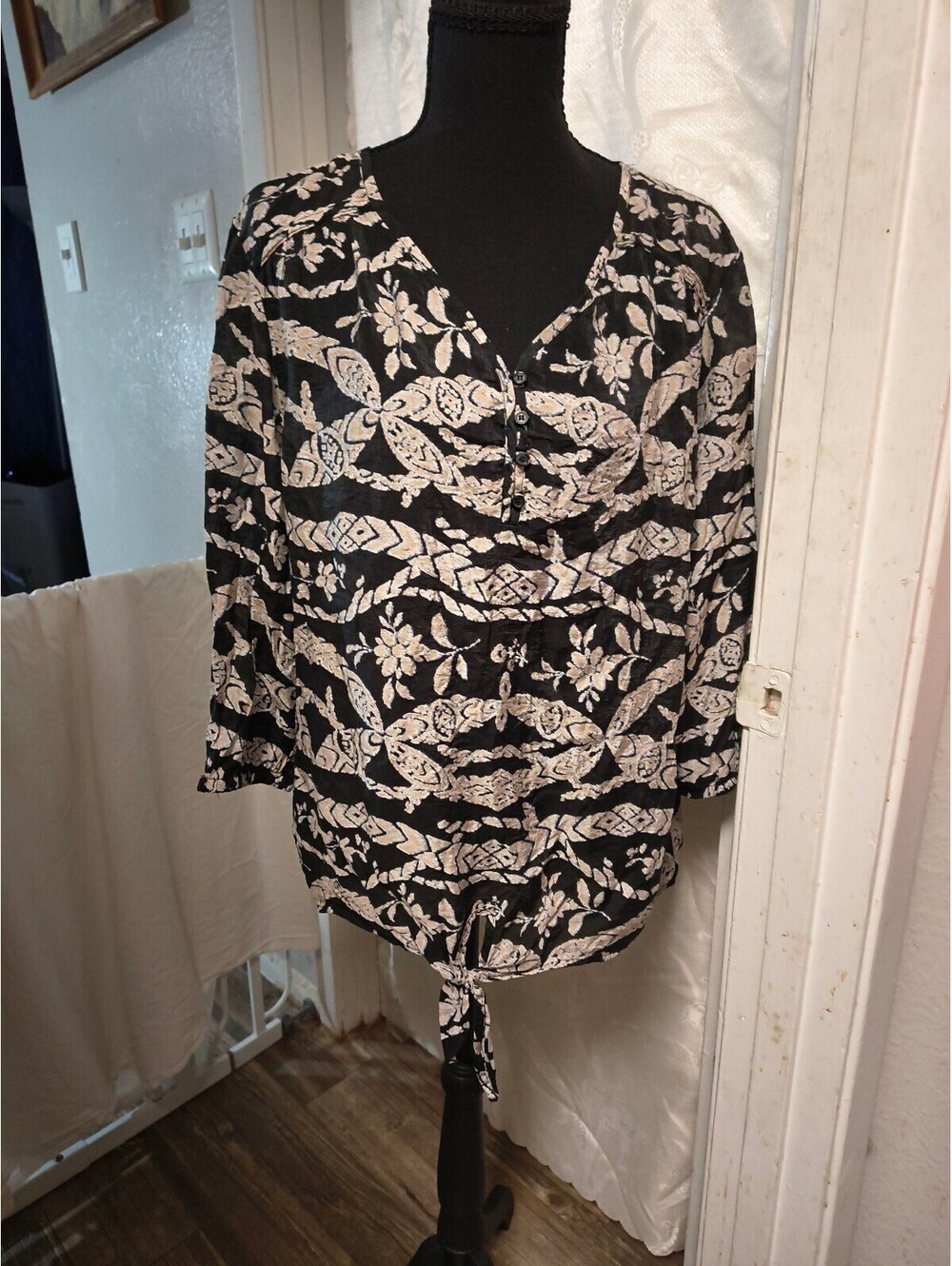 Westbound Black and Beige Rayon Nylon Blend Blouse with Front Buttons and Tie